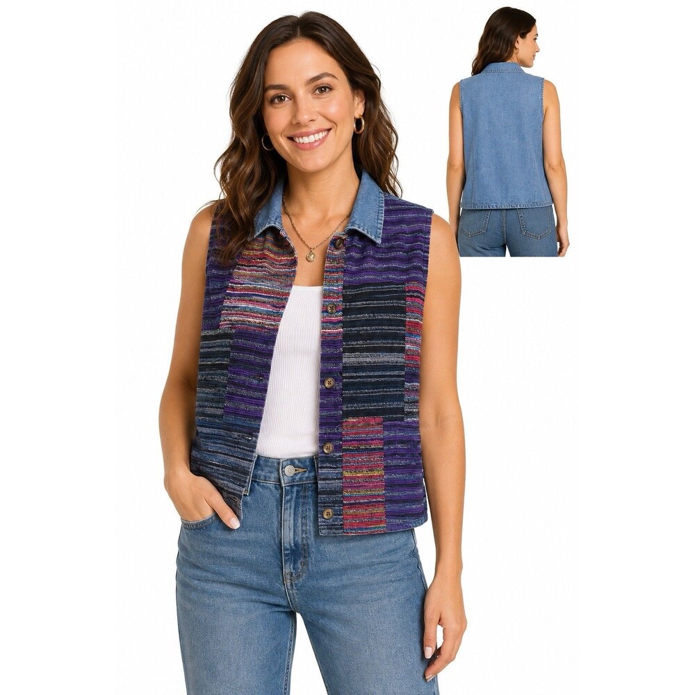 Vtg Cottagecore Denim Patchwork Textured Stripe Vest Large Boho Grandmacore